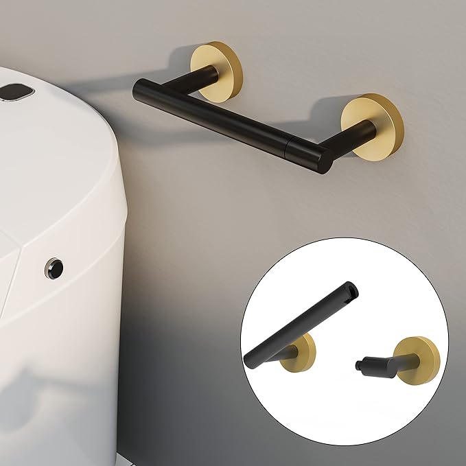 Black and Gold Toilet Paper Holder SUS304 Stainless Steel Double Post Pivoting Toilet Paper Roll Holder Wall Mounted Tissue Holder for Commercial Bathroom RV Matte Black & Brushed Brass Finish