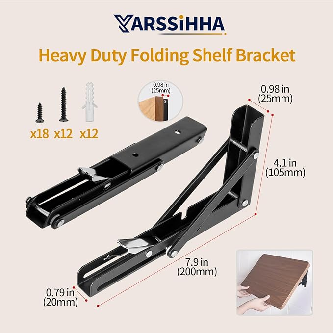 Yarssihha 8 Inch Folding Shelf Bracket, 6 Pack Heavy Duty Wall Mounted Foldable Brackets, Space-Saving Metal Collapsible Shelf Brackets, Max Load:180lbs