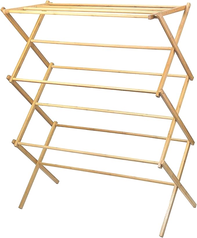 HOME IT Wooden Clothes Drying Rack for Laundry - Collapsible Folding Bamboo Laundry Drying Rack for Drying Clothes - Heavy Duty Pre Assembled
