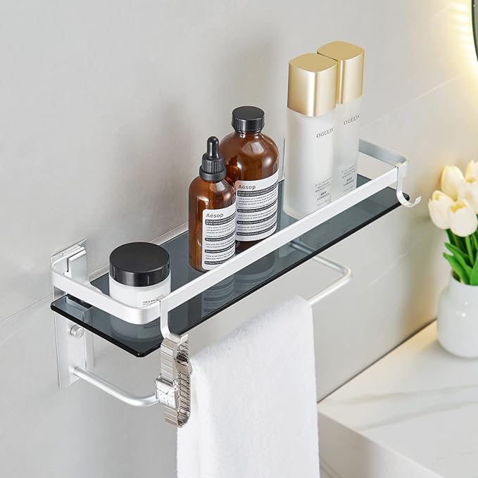 VOLPONE Glass Bathroom Shelf 15.7 in Bathroom Wall Shelf with Towel Holder Tempered Glass Shelf Wall Mount with 2 Removable Hooks Silver（1 Tier）