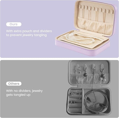 Lolalet Travel Jewelry Case for Women Girls, Travel Jewelry Organizer Box with Mirror & Clear Storage Bag, Small Portable Earring Necklace Bracelet Ring Case, Birthday Valentine Gifts -Medium, Purple