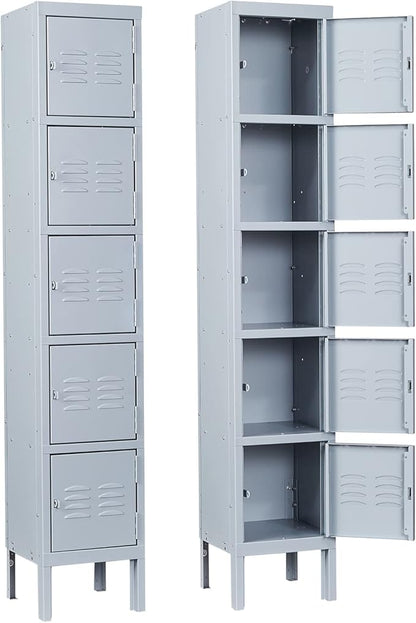 Metal Locker with 5 Doors, 5 Tier Steel Storage Lockers for School, Home, Office, Gym (Grey)