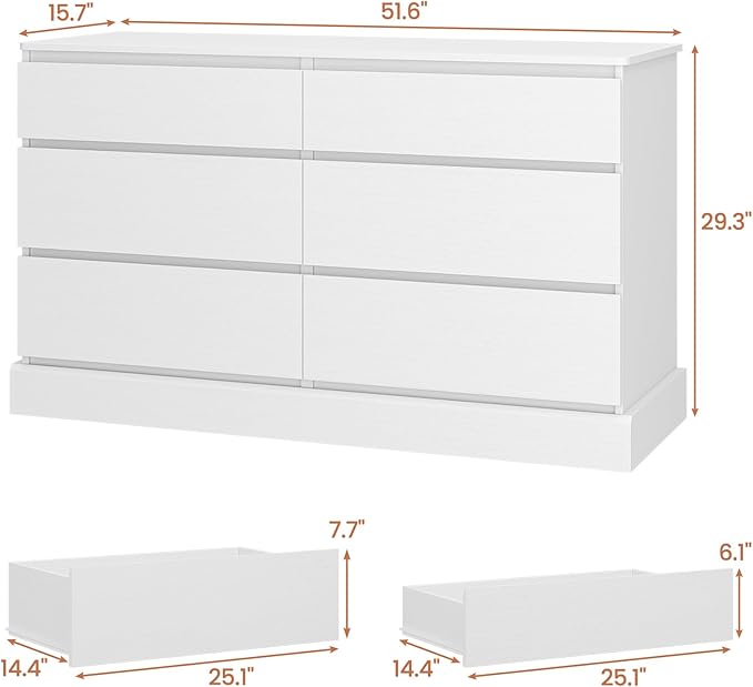 DICTAC 6 Drawers Dresser for Bedroom, White Modern Chest of Drawers, Storage Tower Clothes Organizer Closet, Long Double Dresser with No Handle Drawers, Dimensions 51.6''L x 15.7''D x 29.3''H