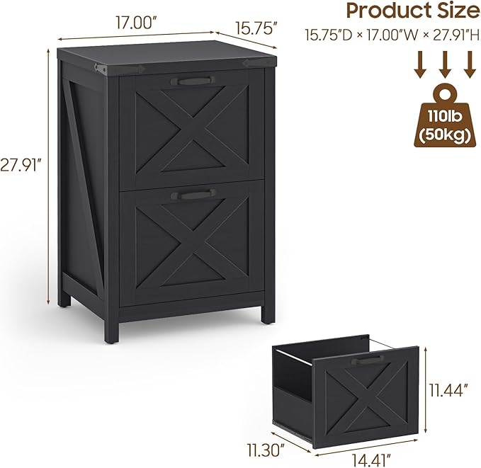 2 Drawer Small File Cabinet, Farmhouse Vertical Filing Cabinet Fits Letter and A4 Size, Under Desk Wooden File Cabinets for Home Office, Printer Stand, Black