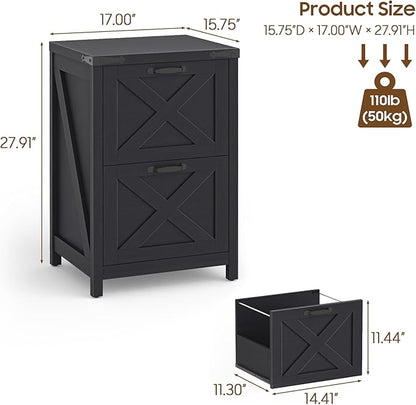 2 Drawer Small File Cabinet, Farmhouse Vertical Filing Cabinet Fits Letter and A4 Size, Under Desk Wooden File Cabinets for Home Office, Printer Stand, Black