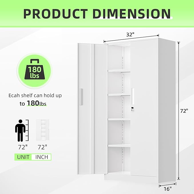 SUNCROWN 72" Metal Storage Cabinet - Heavy-Duty Metal Garage Cabinet with 4 Adjustable Shelves & 2 Doors for Tools, Office, Home, Workshop,White-Small