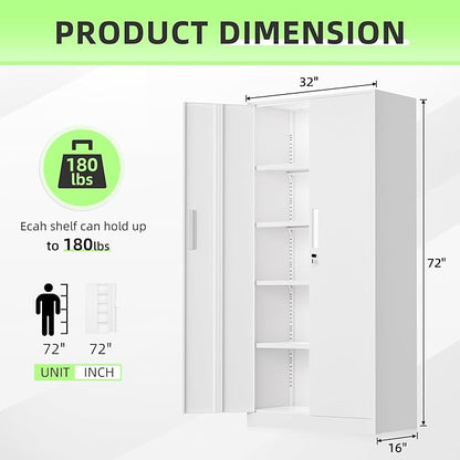 SUNCROWN 72" Metal Storage Cabinet - Heavy-Duty Metal Garage Cabinet with 4 Adjustable Shelves & 2 Doors for Tools, Office, Home, Workshop,White-Small