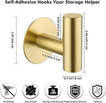 Adhesive Towel Hooks, Heavy Duty Wall Hooks Stainless Steel Waterproof Shower Towel Hooks - 4 Pack, Gold