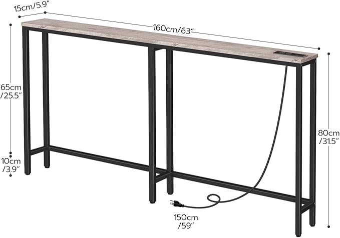 HOOBRO 63" Narrow Console Table with Charging Station, 5.9" Sofa Table with 2 Power Outlets and USB Ports, Long Entryway Tables Behind Couch Table, for Hallway, Livingroom, Greige BG165UXG01