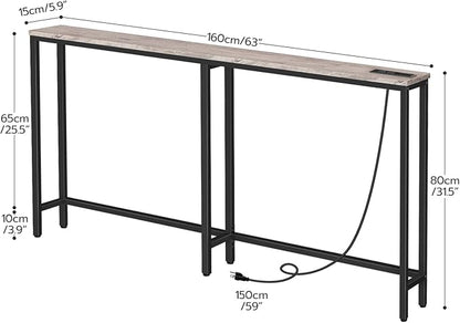 HOOBRO 63" Narrow Console Table with Charging Station, 5.9" Sofa Table with 2 Power Outlets and USB Ports, Long Entryway Tables Behind Couch Table, for Hallway, Livingroom, Greige BG165UXG01