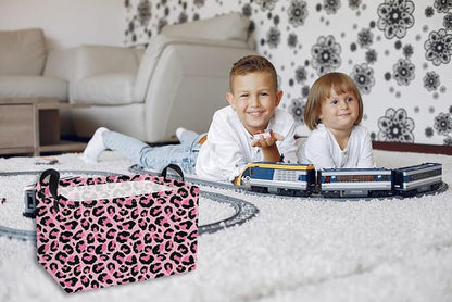 Essme Rectangular Kids Baskets,Pink Storage Basket with Handles for Girls Room Decor, Leopard Print Box,Cute Storage Bin（Pink leopard print）