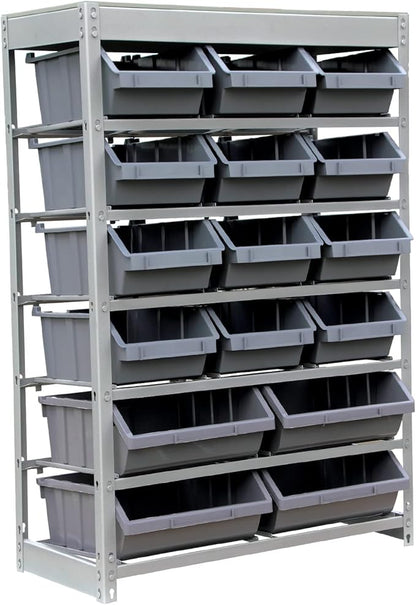 King's Rack Bin Rack Storage System Heavy Duty Steel Rack Organizer Shelving Unit w/ 16 Plastic Bins in 6 tiers
