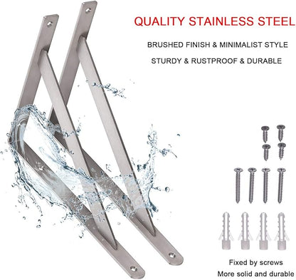 YUMORE 14" Stainless Steel Shelf Bracket, Max Load: 550lb Heavy Duty Solid Shelf Support Corner Brace Joint Right Angle Bracket, Pack of 2