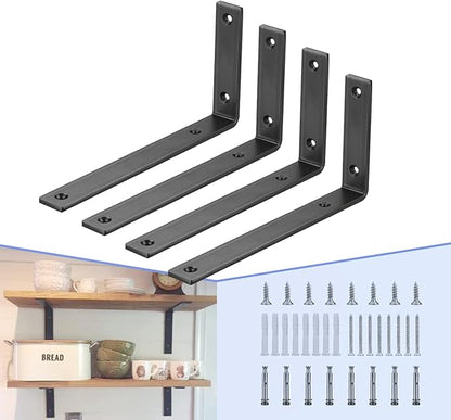 CLT Black Shelf Bracket, 10” X 4.7” Quarter Inch (1/4") Thick- Max Load: 440 lb Rustic Industrial Modern Farmhouse Heavy Duty Cold Rolled Steel Bracket for DIY Table Bench, Pack of 4