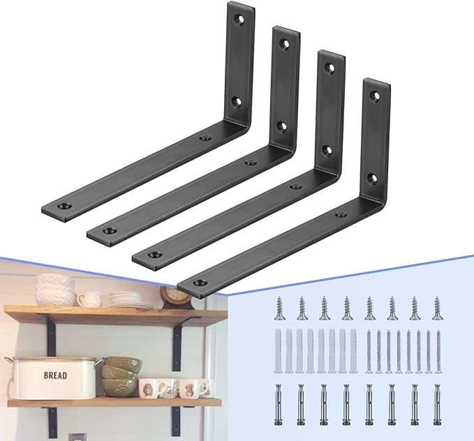 CLT Black Shelf Bracket, 6” X 4” Quarter Inch (1/4") Thick- Max Load: 330 lb Rustic Industrial Modern Farmhouse Heavy Duty Cold Rolled Steel Bracket for Table Bench, Space Saving DIY, Pack of 4