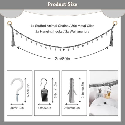 80" Cotton Hanging Storage Chain For Stuffed Animals Storage with 40 Metal Clips, Stuffed Animal Organizer Chain for Wall Corner Nursery Play Room, Grey