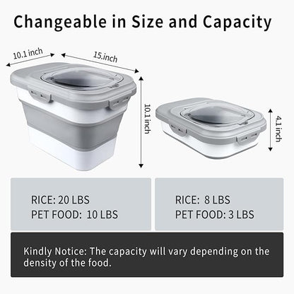 Rice Storage Container, Collapsible Airtight Food Storage Containers 6-20 Lbs, Rice Dispenser with Measuring Cup and Small Bin for Flour Cereal Pasta Grain, Cat Pet Dog Bird Food Container