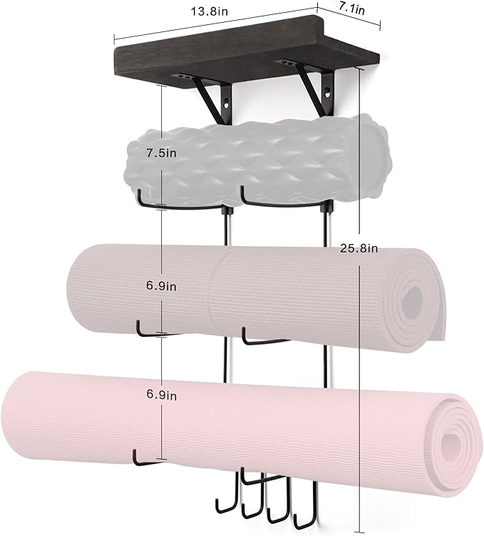 Bikoney Yoga Mat Holder Wall Mount Yoga Mat Storage Home Gym Accessories with Wood Floating Shelves and 4 Hooks for Hanging Foam Roller and Resistance Bands at Fitness Class or Home Gym Vintage Black