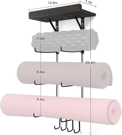Bikoney Yoga Mat Holder Wall Mount Yoga Mat Storage Home Gym Accessories with Wood Floating Shelves and 4 Hooks for Hanging Foam Roller and Resistance Bands at Fitness Class or Home Gym Vintage Black