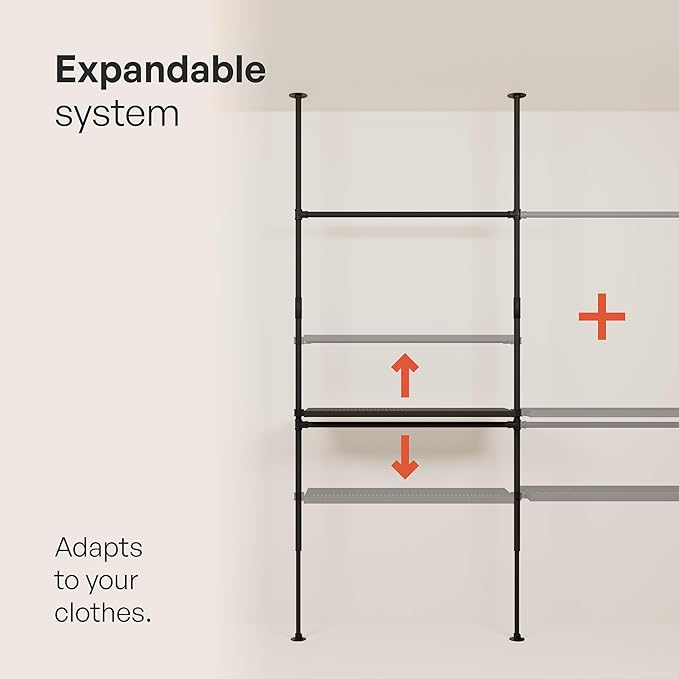 pamo Industrial Pipe Clothing Rack with Shelf - 220 lbs Capacity - Clamping Clothes Rack and Walk In Closet with Oak Shelf for Wardrobe