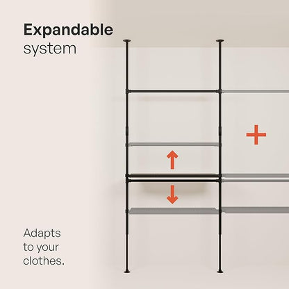 pamo Industrial Pipe Clothing Rack with Shelf - 220 lbs Capacity - Clamping Clothes Rack and Walk In Closet with Oak Shelf for Wardrobe