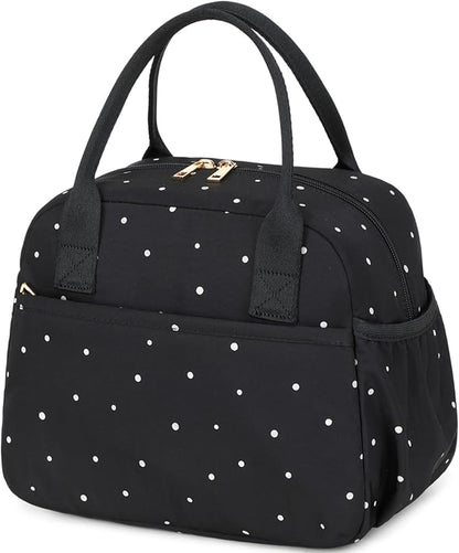 CAMTOP Lunch Box for Women Insulated Lunch Bag Lunchbox Cooler Thermal Leakproof Quilted Reusable Lunch Tote Bag for Work School Travel Picnic (Black White Dots)