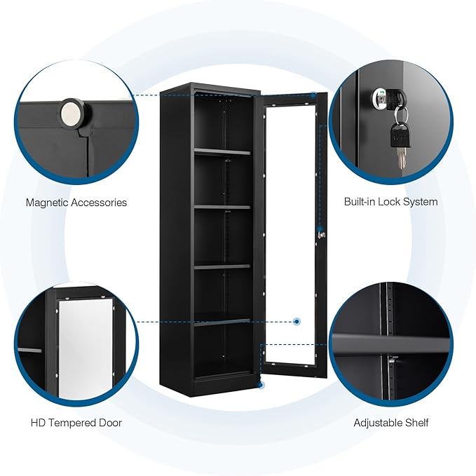 Display Storage Cabinet with Glass Doors, 65 Inches Metal Curio Cabinets with 4 Adjustable Shelves, HD Tempered Glass Cabinet Display Case for Home, Office, Pantry, Assemble Required (Black)
