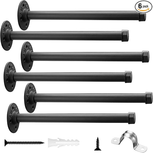 Industrial Pipe Clothing Rack 12 Inch 6 Pack, Wall Mounted Clothes Rack-Pipe Shelf Brackets Heavy Duty Closet Rod for Hanging Clothes Rustic Metal Garment Holder Shelving