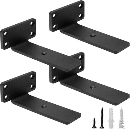 HITOMEN Heavy Duty Floating Shelf Brackets, 5-Inch (1/5'' Thick) Hidden Shelves Hardware, Iron L Brackets, Rustic Industrial Black Metal Wall Shelving Supports, 4 Pack