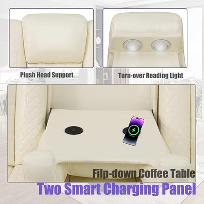 Leather Living Room Furniture Set, Power Reclining Sectional Sofa Set Creamy White, Breathing Leather Recliners Sofa with LED USB Ports and Storage Console, Reclining Couch Set for Home/Office
