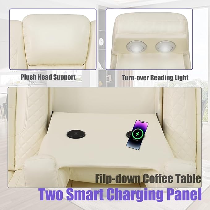 Power Recliner Sectional Sofa with LED, Reclining Sectional Sofa Living Room Furniture Set, Creamy White Couch and 2 Chairs, Reclining Couch Read Lights/Storage/Cup Holder for Office/House