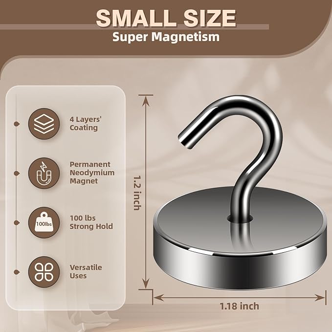 Neosmuk Magnetic Hooks, Cruise Ship Essentials, 100lb+ Heavy Duty Magnetic Hooks for Cruise Cabins, Refrigerator, Grill, Hanging, and Travel | Extra Strong Must-Haves Magnet Hook,Gunmetal Color.