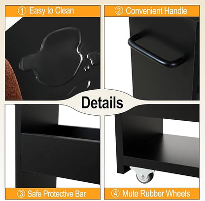 MARTY Wood Rolling Storage Cart 7.9" W, 3 Tier Slim Utility Kitchen Cart on Wheels Laundry Room Bathroom Organizers Narrow Shelves with Handle Mobile Shelving Unit for Small Places, Black