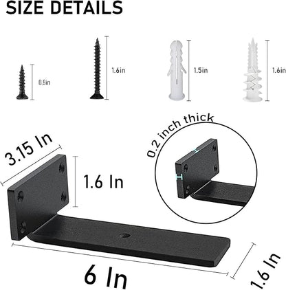 Floating Shelf Brackets Heavy Duty - 1/5 Inch Thick Industrial Black Metal L Brackets, Premium Solid Steel Shelf Supports for Shelves - 6 Inch Heavy Floating Shelves Hardware (6Pcs)