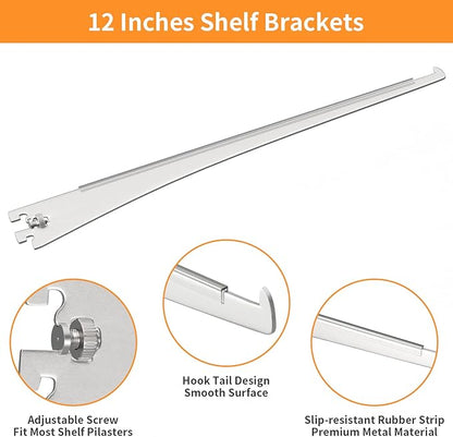 8 Pcs Tap-in Shelf Brackets, 12 Inches Adjustable Shelf Track Brackets for Single Track Twin Track System Closet, Bookshelf, Spice Rack (Silver)