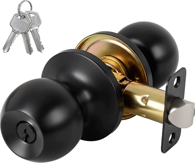 Matte Black Door Knobs with Lock and Key，Exterior and Interior Door Lock for Bedroom, Entry Door Handle for Front Door