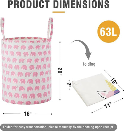 Large Storage Basket for Girls and Boys, Collapsible Laundry Hamper with Long Handles, Toy Bins for Nursery, Kids Room Décor Pink Elephant