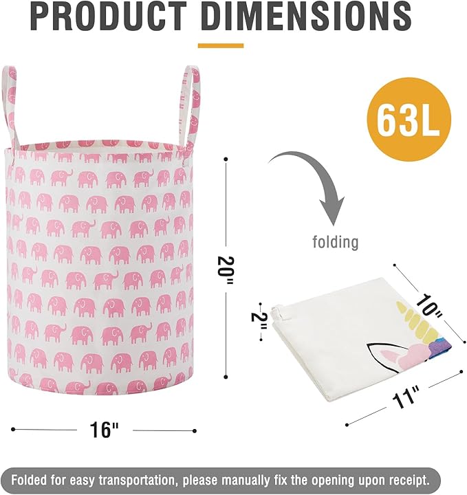 TECHMILLY Large Storage Basket for Girls and Boys, Collapsible Laundry Hamper with Long Handles, Toy Bins for Nursery, Kids Room Décor (Pink Elephant, 2 Pack)