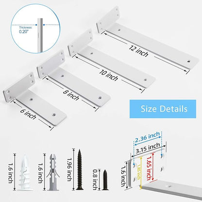 Shelf Brackets, Heavy Duty Floating Shelf Brackets 12-Inch Long, 6-Pack Brackets for Shelves, Matte White L Hidden Metal Wall Shelf Support Shelving Brackets, 1/5-Inch Thick 160 lb. Load Capacity