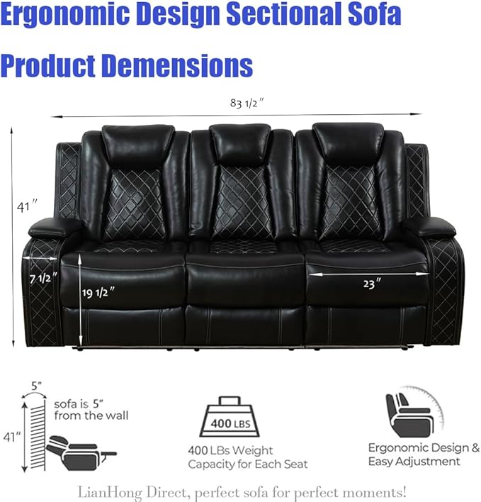 Power Reclining Sectional Sofa with LED, Power Recliner Sofa Set for Living Room, Black Leather Reclining Sectional Recliner Couch with USB, Cup Holders, Storage for Home/Office/House