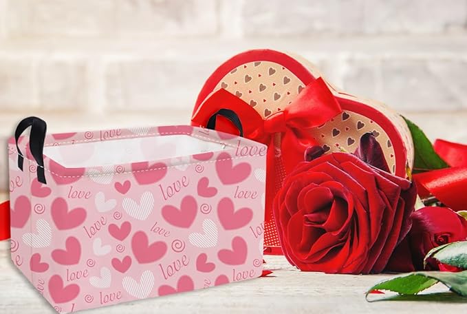 Essme Rectangular Valentine's Day Basket,Pink Heart Storage Bins Organizer with Handles for Girls Room Decor, Gift Basket,Shelf Basket.(Pink love heart)