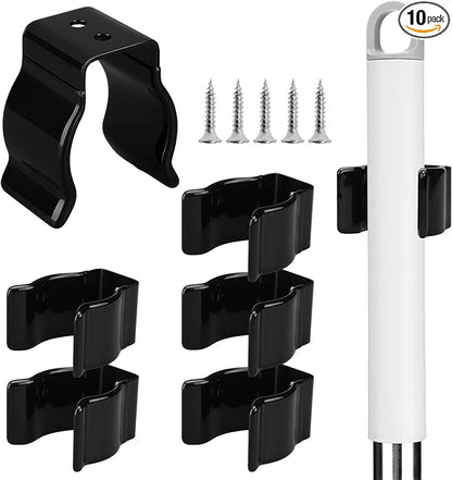 10 Pack Spring Clip Broom Clip with Screws for 1 1/2-1 7/8 Inch Diameter Black Manganese U Shape Steel Clips Holder Bracket for Tools Rakes and Flashlight Pipe Tool Holder Wall Garage Garden