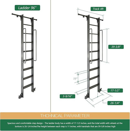 96" Attic Rolling Library Ladder,8 Step Aluminum Ladder with,with 4FT Sliding Hardware Track Kit Bottom Wheel Included&Handrail,Loft Ladder,Wall Stairs Stair Platform Bunkbed Ladder