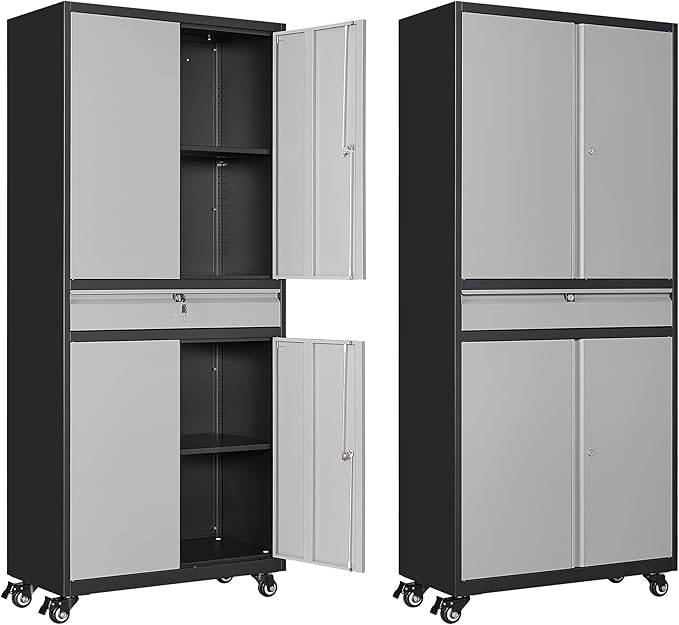 Metal Garage Storage Cabinet with Wheels, 73" Lockable Storage Cabinet with 2 Adjustable Shelves and 1 Drawer for Garage, Utility Room, Warehouse (Black Grey)
