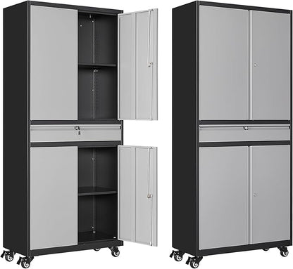 Metal Garage Storage Cabinet with Wheels, 73" Lockable Storage Cabinet with 2 Adjustable Shelves and 1 Drawer for Garage, Utility Room, Warehouse (Black Grey)