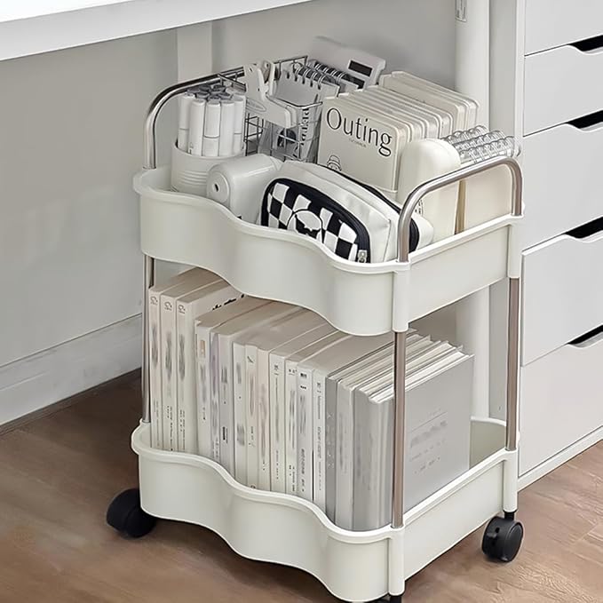 2 Tier Utility Rolling Cart with Wheels Under Desk Storage Cart Organizer with Handle for Home Kitchen Bathroom Office Organization White