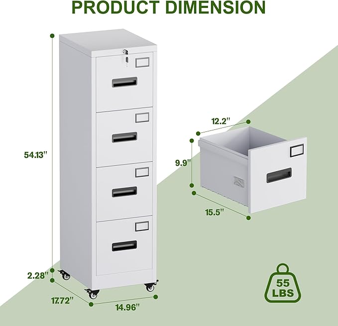 Aobabo 4 Drawer Filing Cabinet with Wheels, Lockable Metal File Cabinet with Name Card for Office and Home,Required Assembly,White