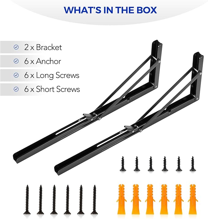 Ravinte -2 Pack 20 Inch Folding Shelf Brackets – Matte Black, Heavy Duty Collapsible Brackets for Tables and Benches – Space-Saving Design