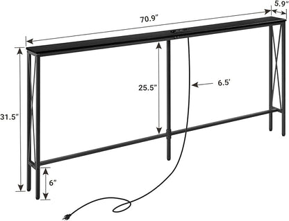 ELYKEN 5.9" Narrow Console Sofa Table with Power Outlets, 5.9" Dx70.9 Wx31.5 H Long Skinny Behind Couch Table with Charge Station and 6.5'Extension Cord, Black