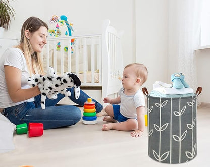 HIYAGON Large Storage Baskets,Waterproof Laundry Baskets,Collapsible Canvas Basket for Storage Bin for Kids Room,Toy Organizer,Home Decor,Baby Hamper (Grey leaves)